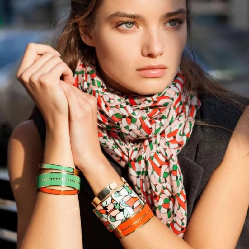 Bangle Up Paris Bollystud Bracelet Jungle Green OuiPlease French Online Shop Woman wearing a scarf and six bracelets